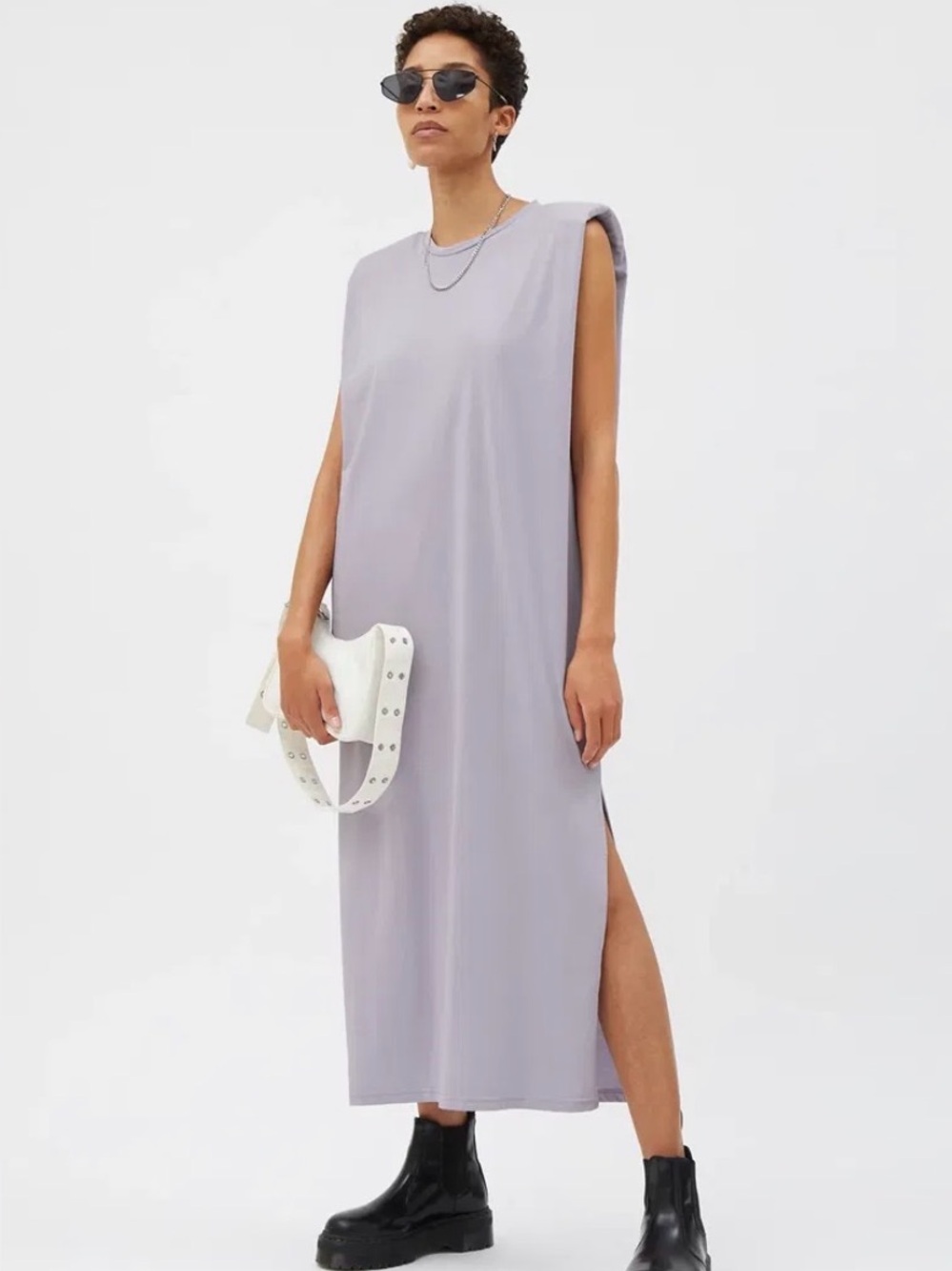 Weekday Kai Dress XS Gray Midi Shift High Slit Jersey Padded Shoulder #5253